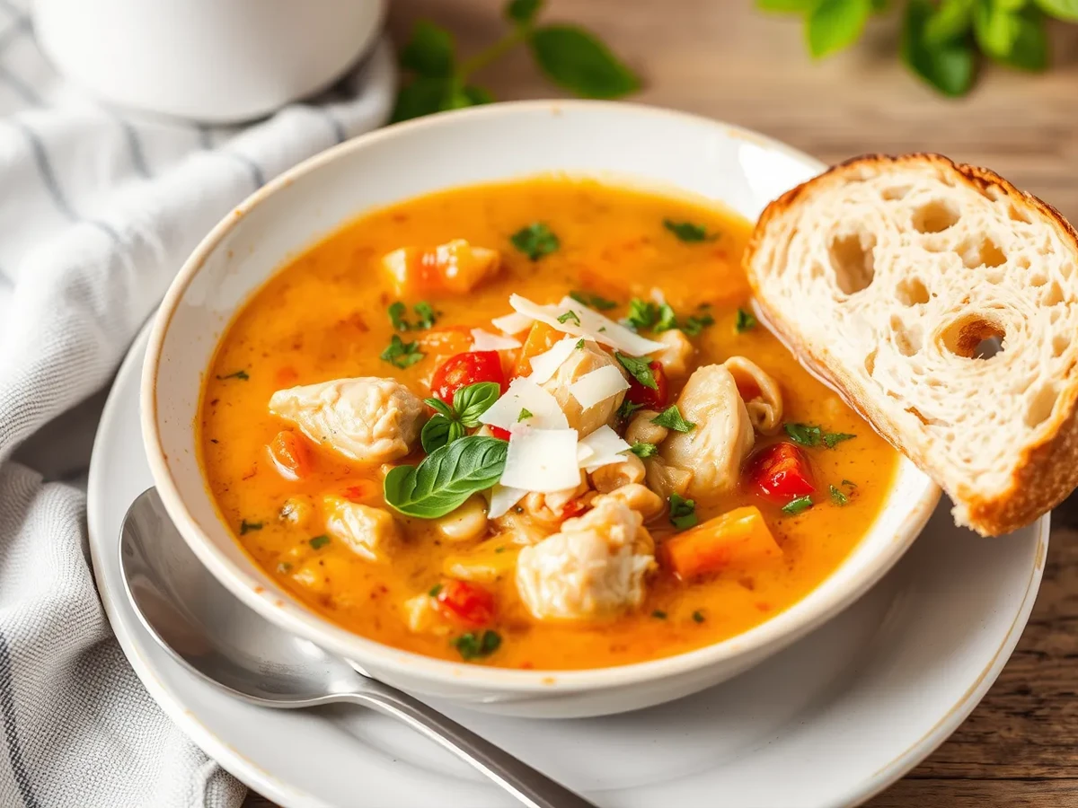 Plated bowl of Tuscan Chicken Soup with bread and a garnish of basil and Parmesan cheese.