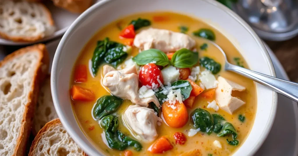 Delicious bowl of Tuscan Chicken Soup with chicken, vegetables, and a creamy broth, garnished with basil and Parmesan cheese.