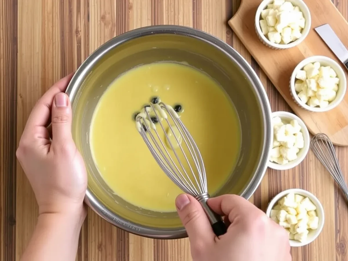 Hands whisking the custard mixture for a crab brulee recipe, with lump crab meat and ramekins visible in the background.