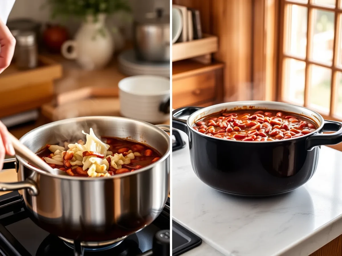 Chef preparing baked beans by sautéing onions and garlic in a pot, with beans simmering in the background.