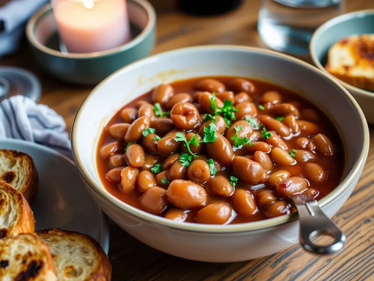 A beautifully presented bowl of baked beans, garnished with fresh herbs, served with toasted bread.