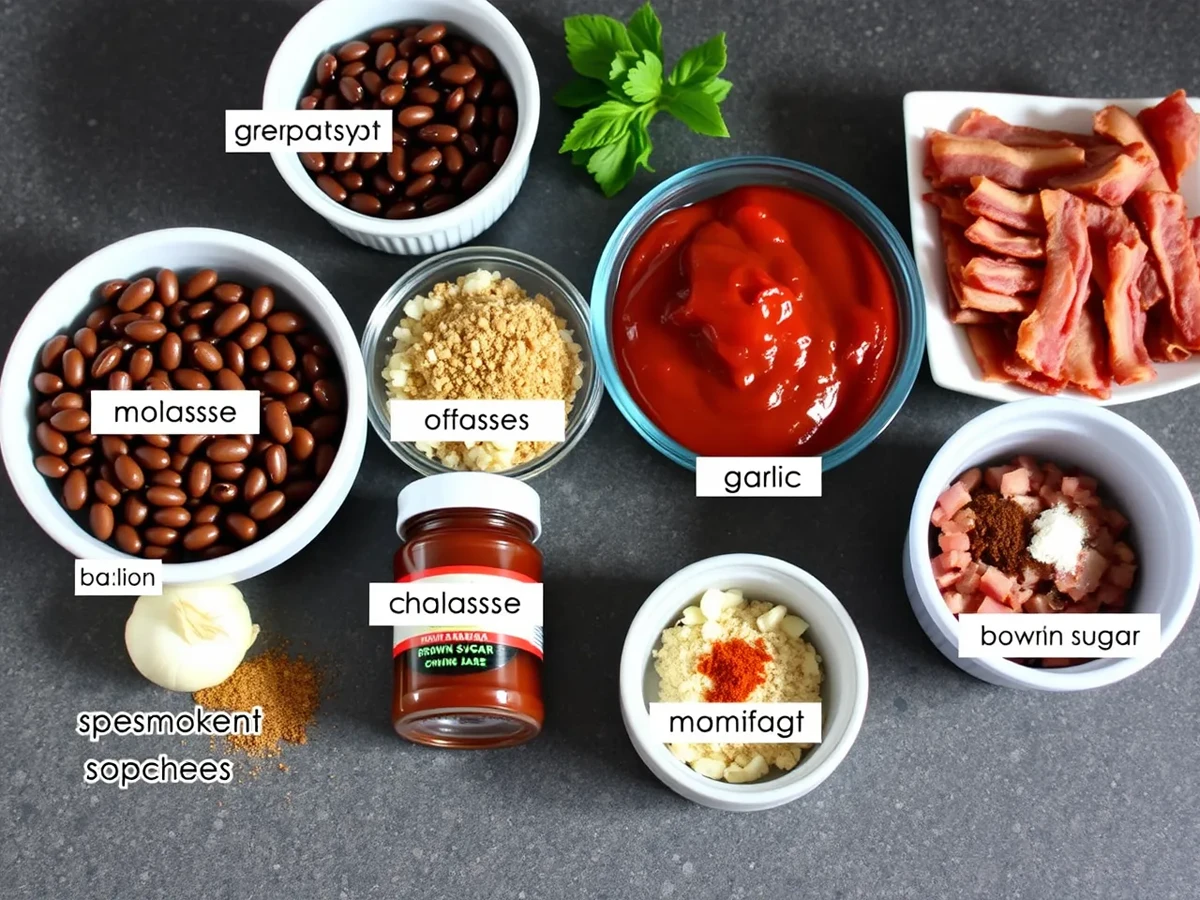 Ingredients for baked beans including navy beans, molasses, brown sugar, bacon, and spices, arranged neatly on a kitchen countertop.