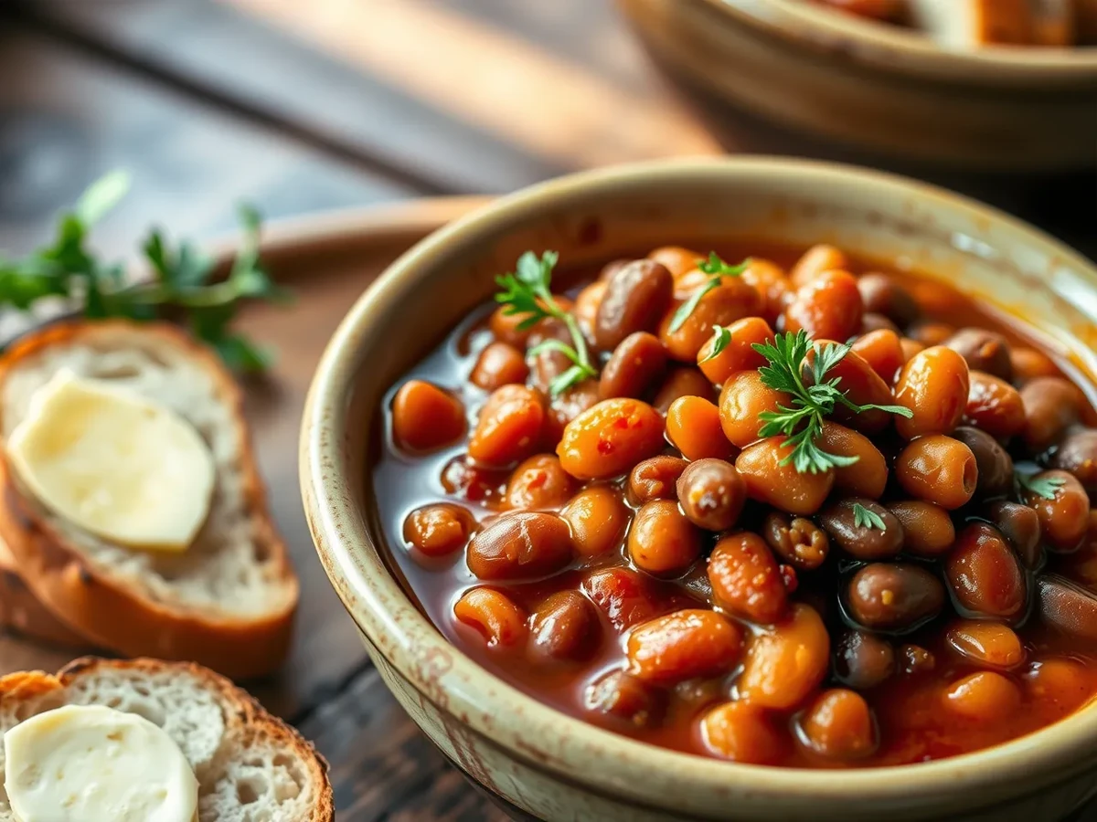 A rustic bowl of baked beans served with slices of buttered bread, showcasing the rich, smoky sauce and tender beans.