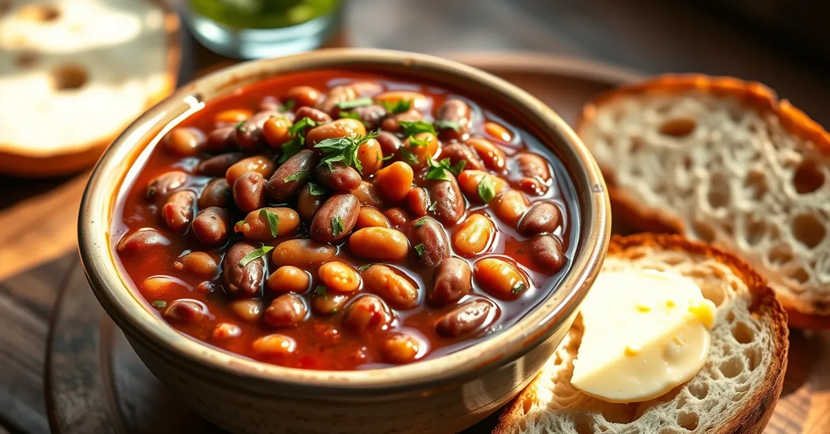 A rustic bowl of baked beans served with slices of buttered bread, showcasing the rich, smoky sauce and tender beans.