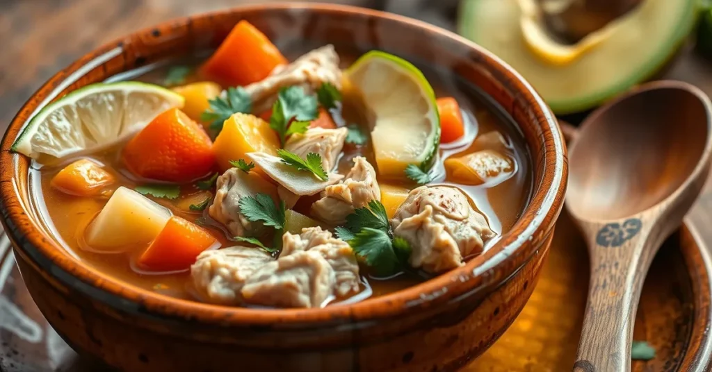 A bowl of caldo de pollo filled with tender chicken, vegetables, and garnished with cilantro, lime, and avocado slices, showcasing the traditional Mexican soup.