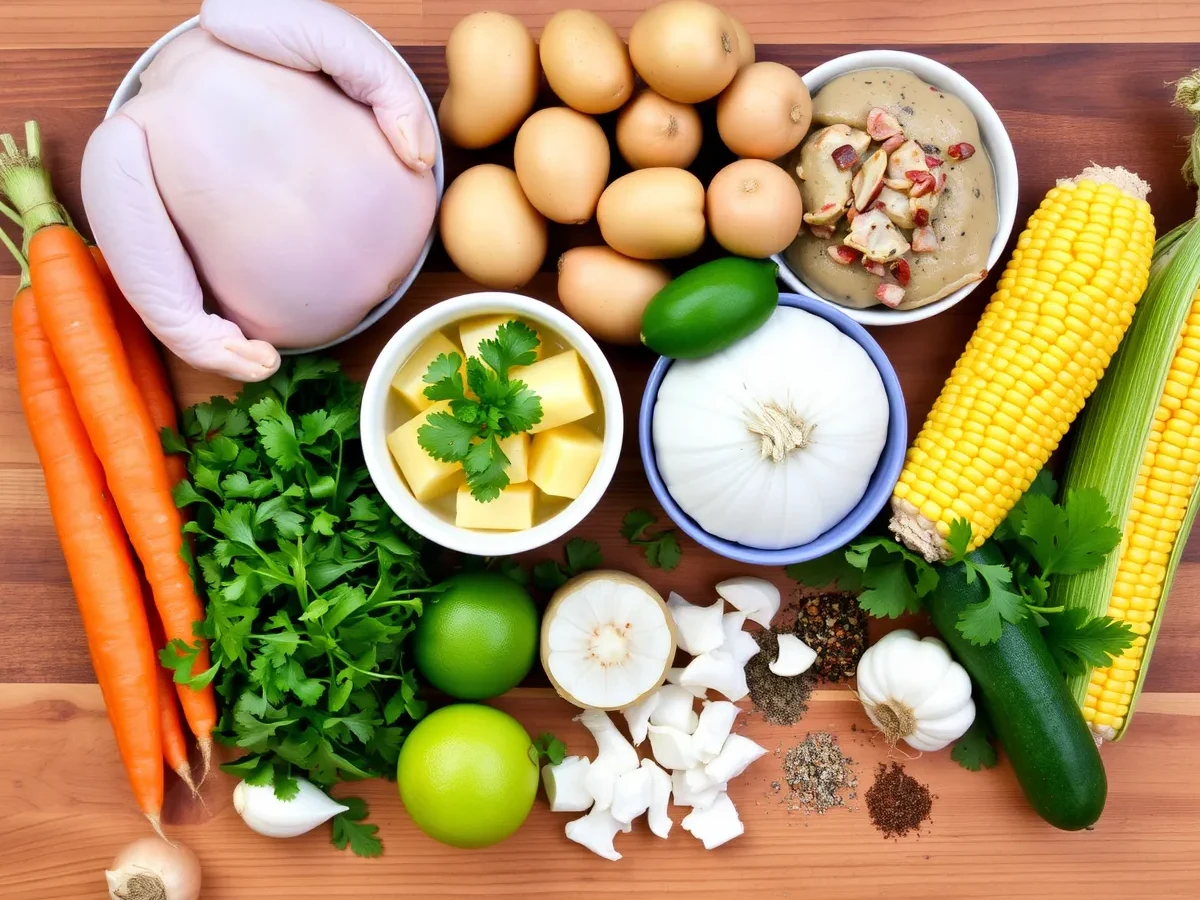 Fresh ingredients for caldo de pollo recipe, including chicken, carrots, potatoes, zucchini, corn, garlic, cilantro, lime, and spices.