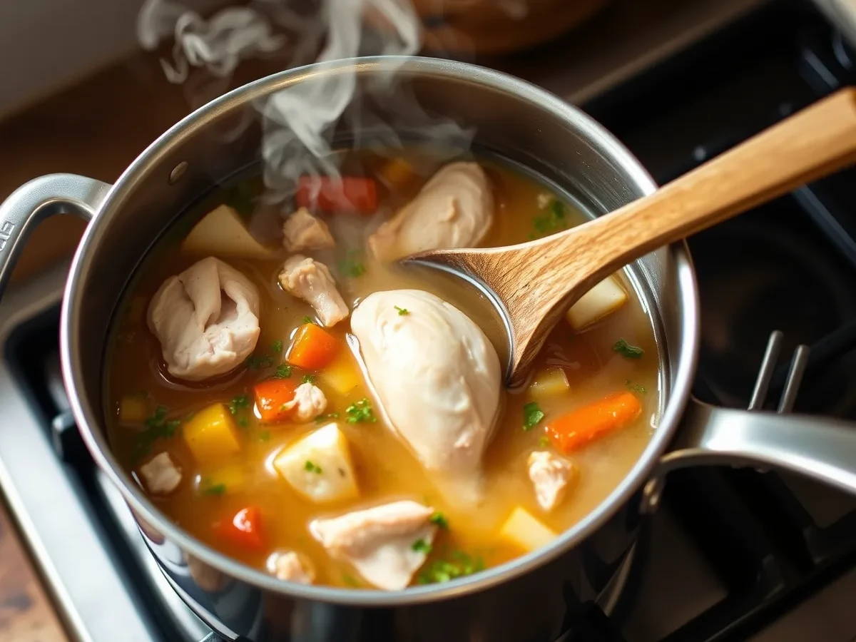 Simmering caldo de pollo in a pot, with chicken, vegetables, and herbs being stirred, creating a rich and flavorful broth.