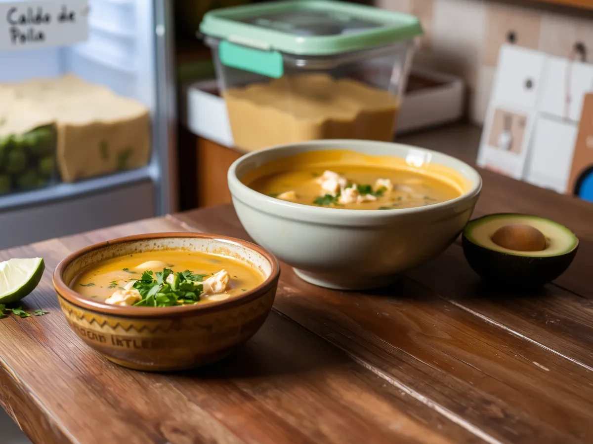 Serving caldo de pollo with garnishes of cilantro, lime, and avocado, and storing leftovers in an airtight container with proper labeling.