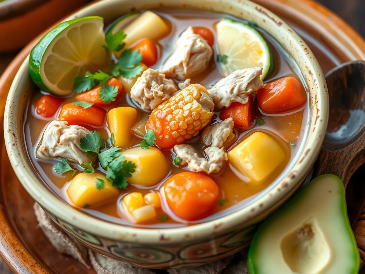 A bowl of caldo de pollo filled with tender chicken, vegetables, and garnished with cilantro, lime, and avocado slices, showcasing the traditional Mexican soup.