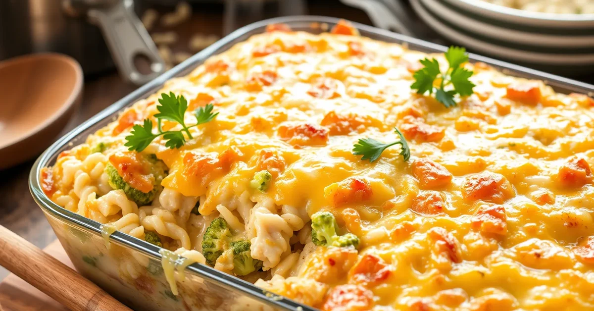 Delicious Chicken Broccoli Rice Casserole with a golden-brown cheese crust, served on a rustic kitchen table.