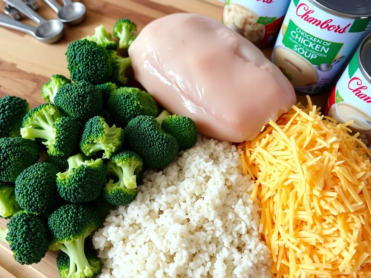 Ingredients for Chicken Broccoli Rice Casserole including chicken, broccoli, rice, shredded cheddar cheese, and soup cans.