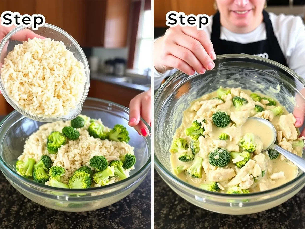 Preparing the Chicken Broccoli Rice Casserole by mixing rice, broccoli, chicken, and soup mixture in a large bowl.