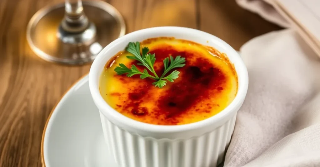 A close-up of a finished crab brulee recipe in a white ramekin with a golden caramelized crust, garnished with parsley.