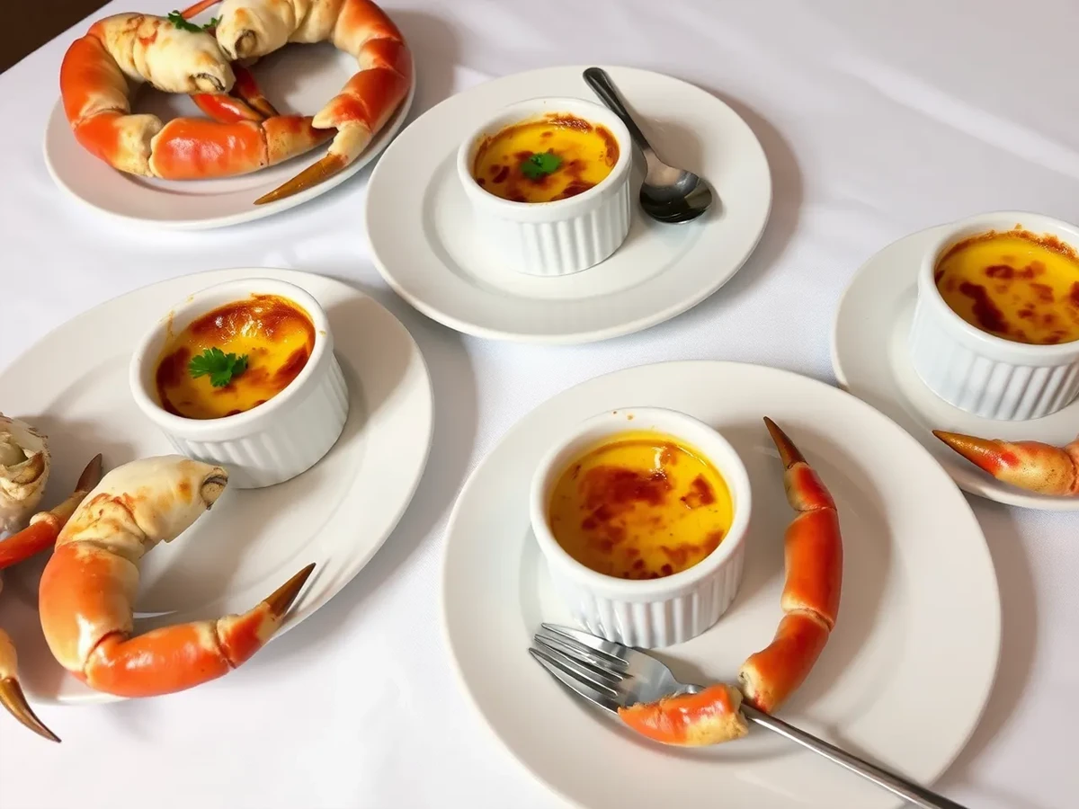 Gourmet presentation of crab brulee recipe in ramekins with caramelized tops, garnished with parsley and served on a white tablecloth.