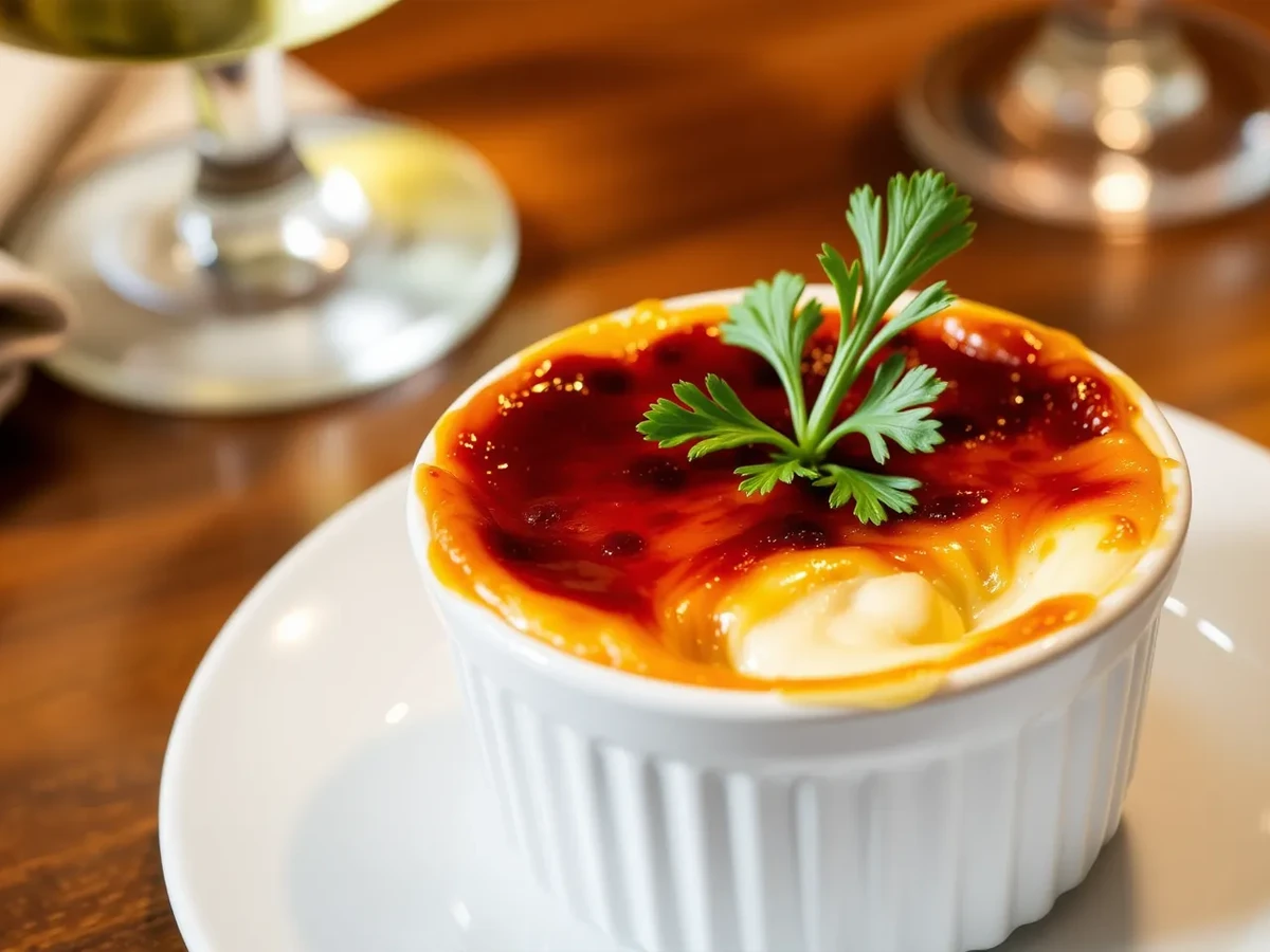 A close-up of a finished crab brulee recipe in a white ramekin with a golden caramelized crust, garnished with parsley.