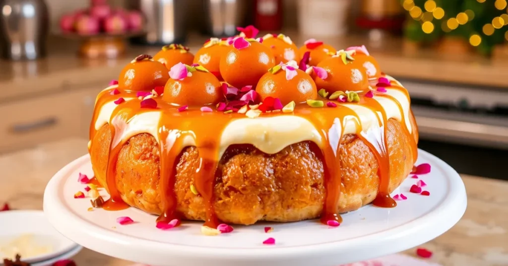 Realistic image of Gulab Jamun Cake with Gulab Jamun toppings, pistachios, rose petals, and syrup drizzle, elegantly decorated on a cake stand.