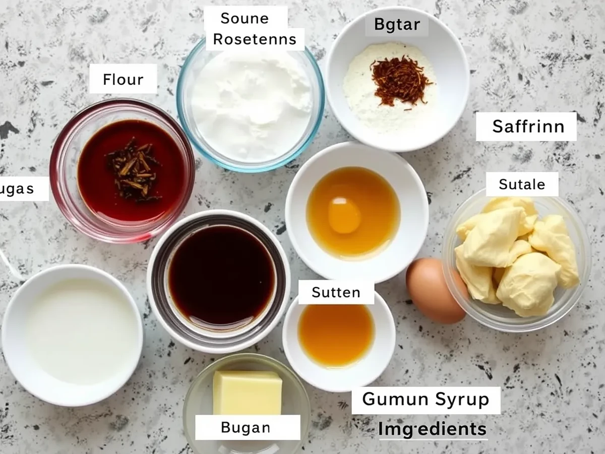 Ingredients for Gulab Jamun Cake including flour, sugar, rose water, cardamom, saffron, milk, butter, eggs, and Gulab Jamun syrup arranged on a countertop.