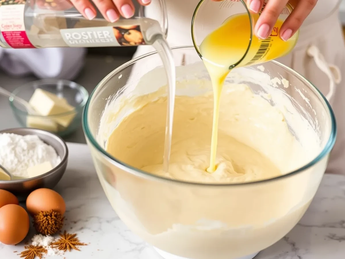 Baker preparing the batter for Gulab Jamun Cake with ingredients like rose water, flour, and butter in a warm kitchen setting.