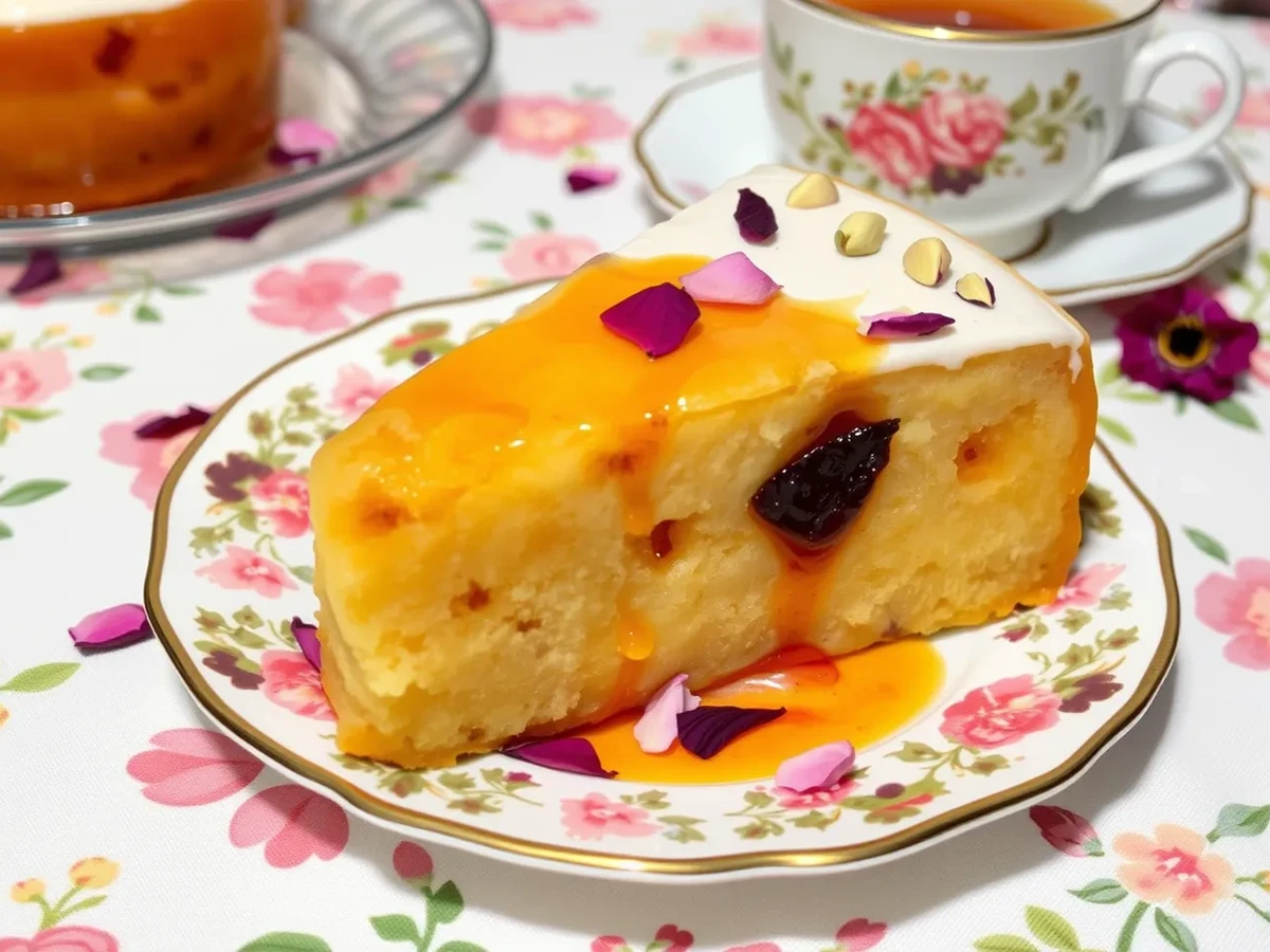 Slice of Gulab Jamun Cake presented with rose petals, pistachios, and rose syrup, elegantly placed on a decorative plate with chai tea in the background.