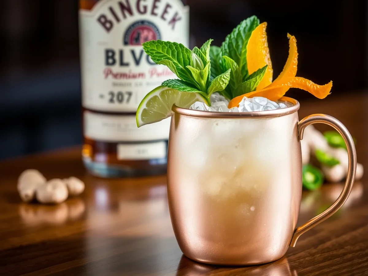 A Kentucky Mule cocktail in a copper mug, garnished with lime, mint, and orange peel, placed on a wooden bar counter.