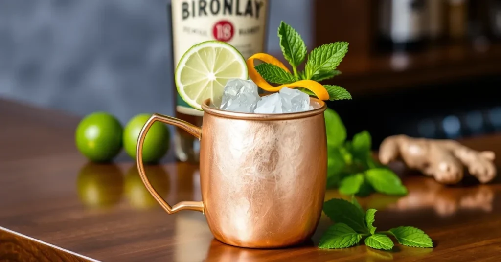 A Kentucky Mule cocktail in a copper mug, garnished with lime, mint, and orange peel, placed on a wooden bar counter.