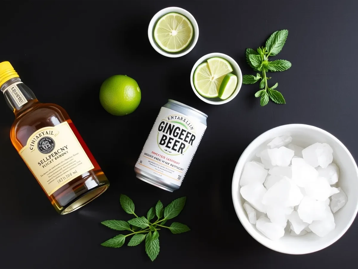 Ingredients for a Kentucky Mule cocktail, including bourbon, lime, ginger beer, mint, and crushed ice, on a rustic wooden surface.