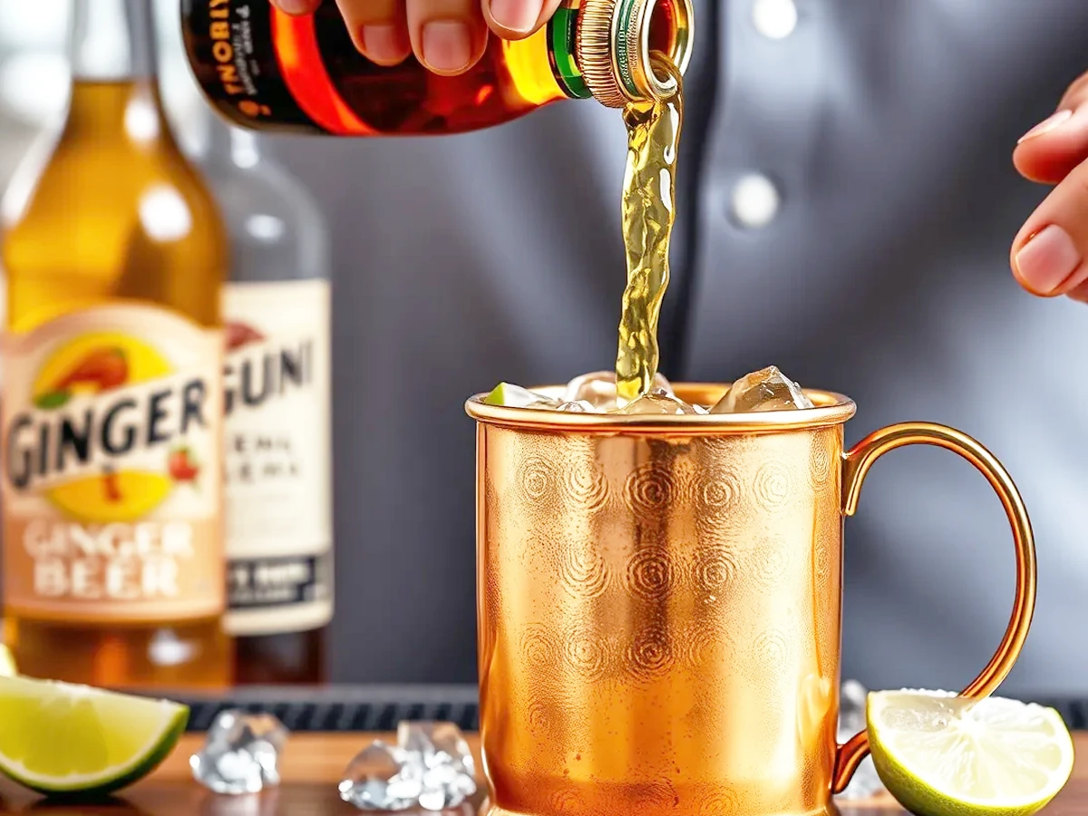 Hands preparing a Kentucky Mule by pouring bourbon into a copper mug filled with ice, with lime and ginger beer nearby.