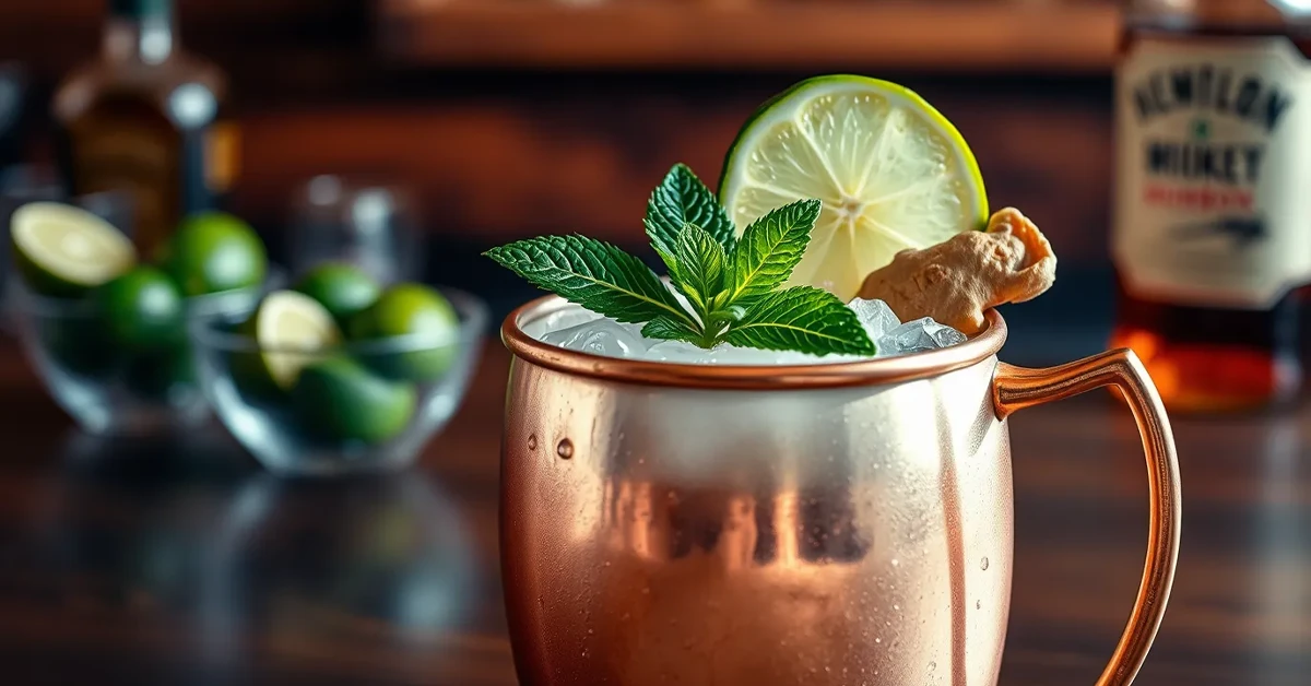 A beautifully presented Kentucky Mule cocktail in a copper mug, garnished with lime, mint, and ginger, on a rustic wooden table.