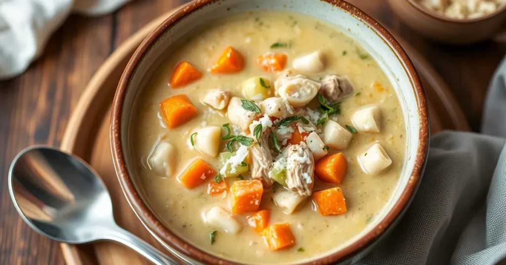 A cozy bowl of Marry Me Chicken Soup with tender chicken, carrots, celery, and pasta, garnished with fresh herbs and parmesan cheese.