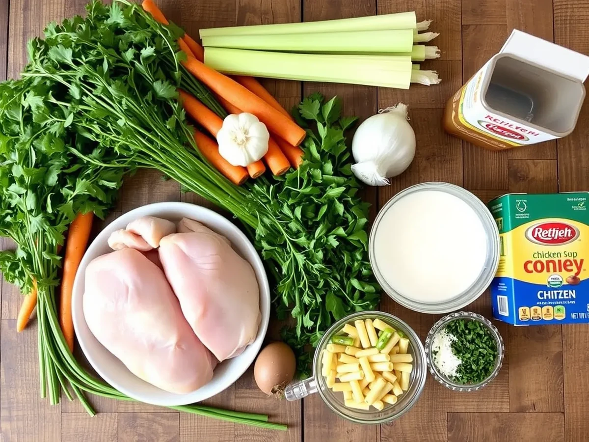 Fresh ingredients for Marry Me Chicken Soup, including chicken breasts, carrots, celery, garlic, onions, chicken broth, and pasta.