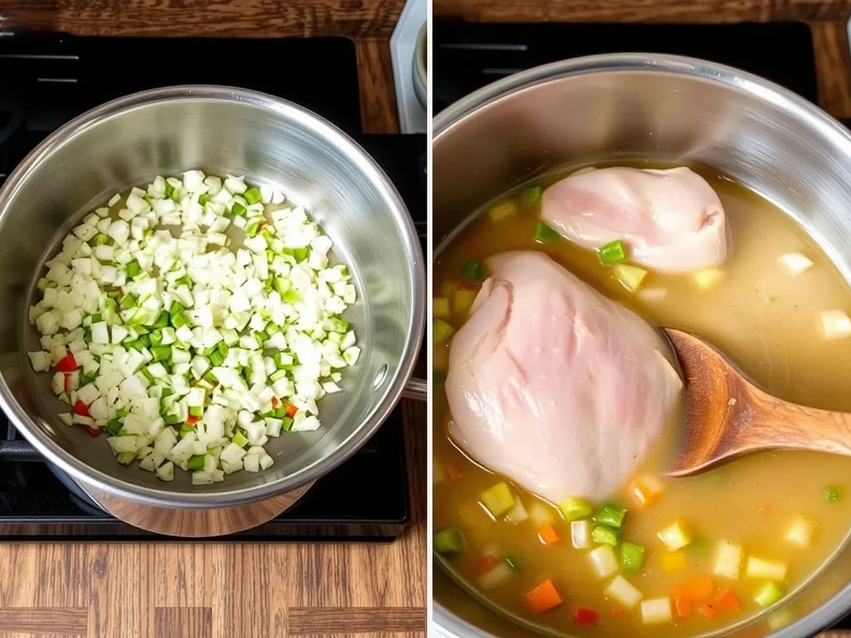 Preparing Marry Me Chicken Soup by sautéing onions and garlic in a pot, with chicken and vegetables ready to be added.