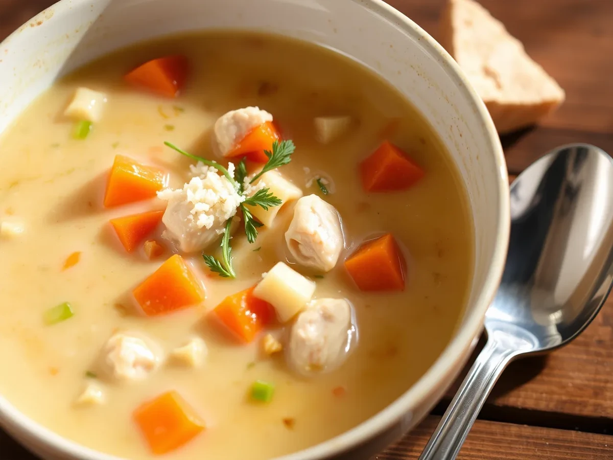 A cozy bowl of Marry Me Chicken Soup with tender chicken, carrots, celery, and pasta, garnished with fresh herbs and parmesan cheese.