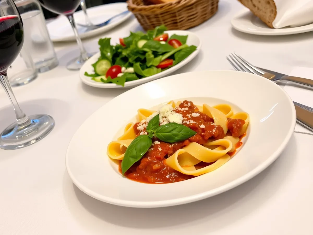 Pappardelle pasta plated with sauce, Parmesan, and basil, served with red wine and a side salad.