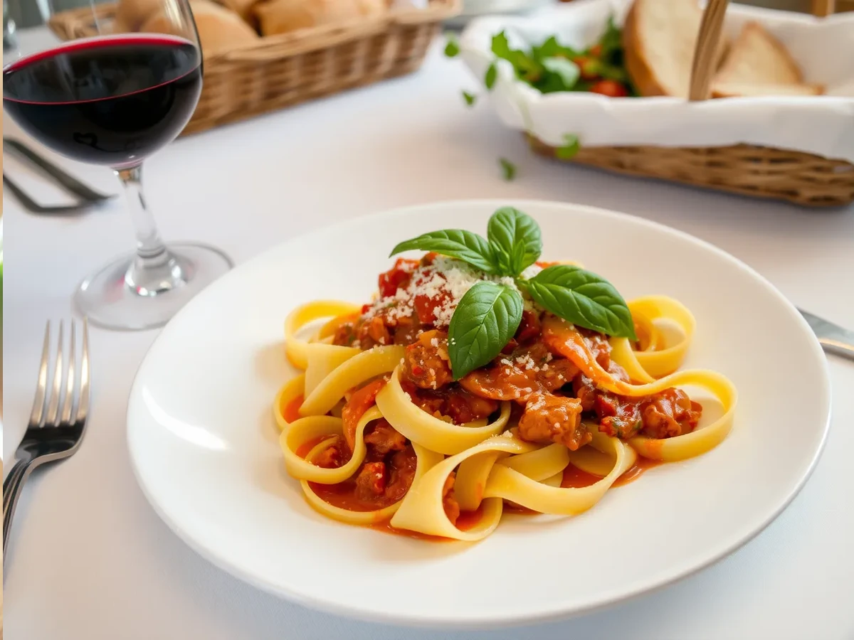 Pappardelle pasta plated with sauce, Parmesan, and basil, served with red wine and a side salad.