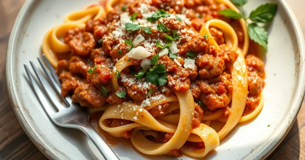 A plate of pappardelle pasta served with Bolognese sauce, garnished with Parmesan and parsley.