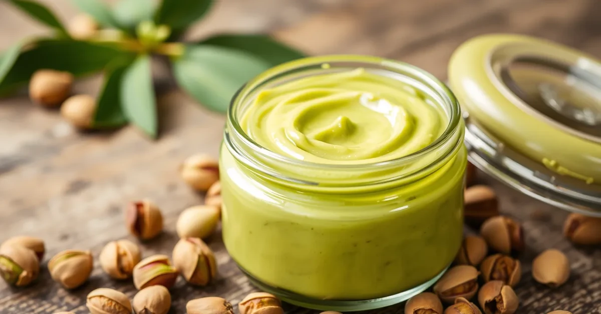 A jar of smooth and creamy pistachio paste on a rustic wooden table with scattered pistachios.