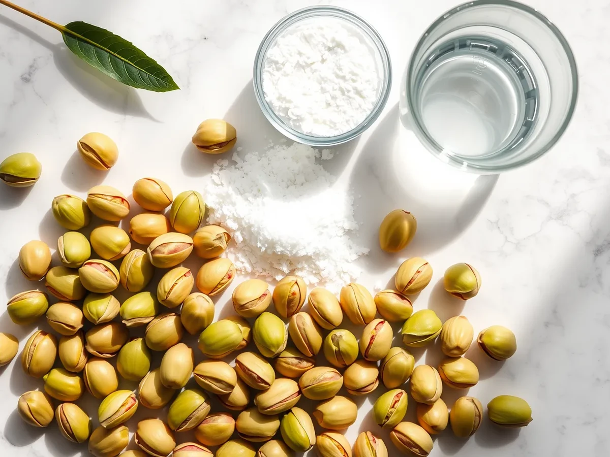 Ingredients for pistachio paste, including raw pistachios, sugar, and water on a marble countertop.