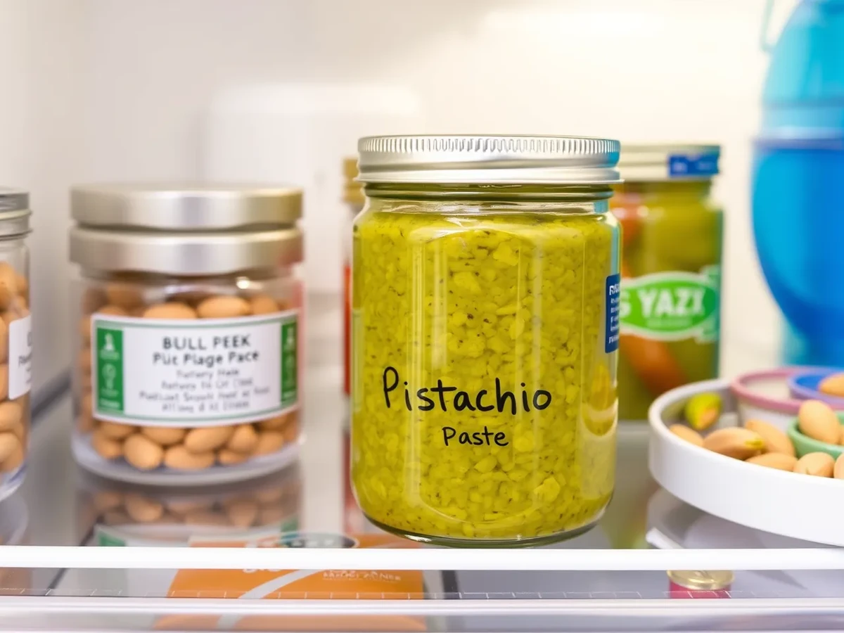 A glass jar of vibrant green pistachio paste stored in a neat refrigerator with clear labeling.