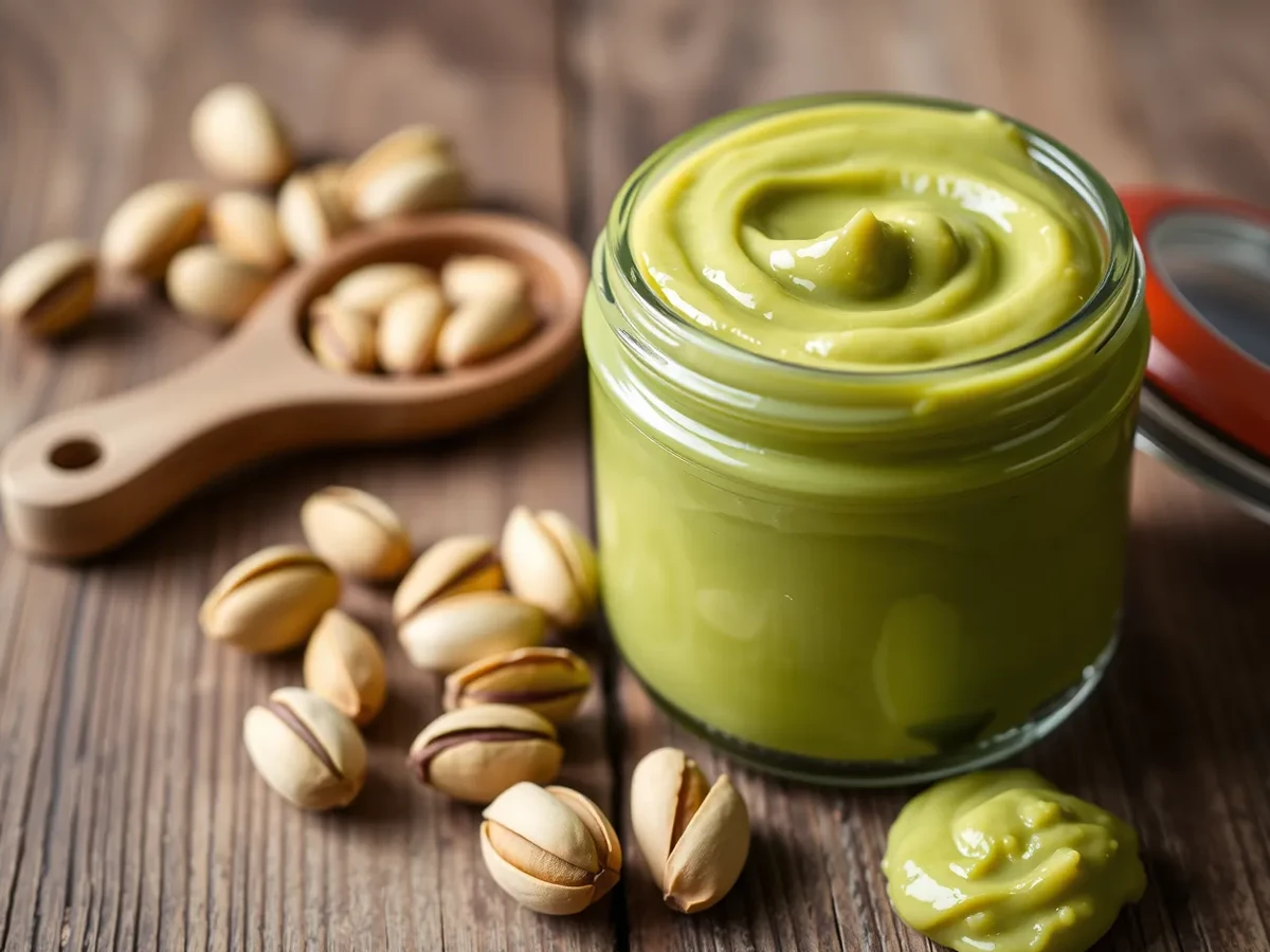 A jar of smooth and creamy pistachio paste on a rustic wooden table with scattered pistachios.