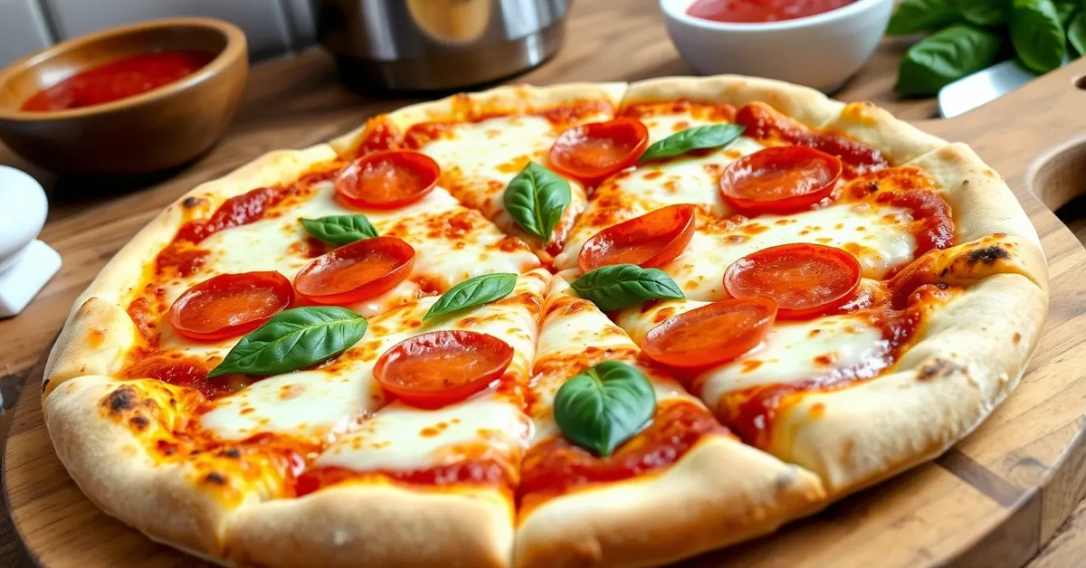 A freshly baked pizza pie with mozzarella cheese, pepperoni, and basil, sliced and served on a wooden board with tomato sauce.