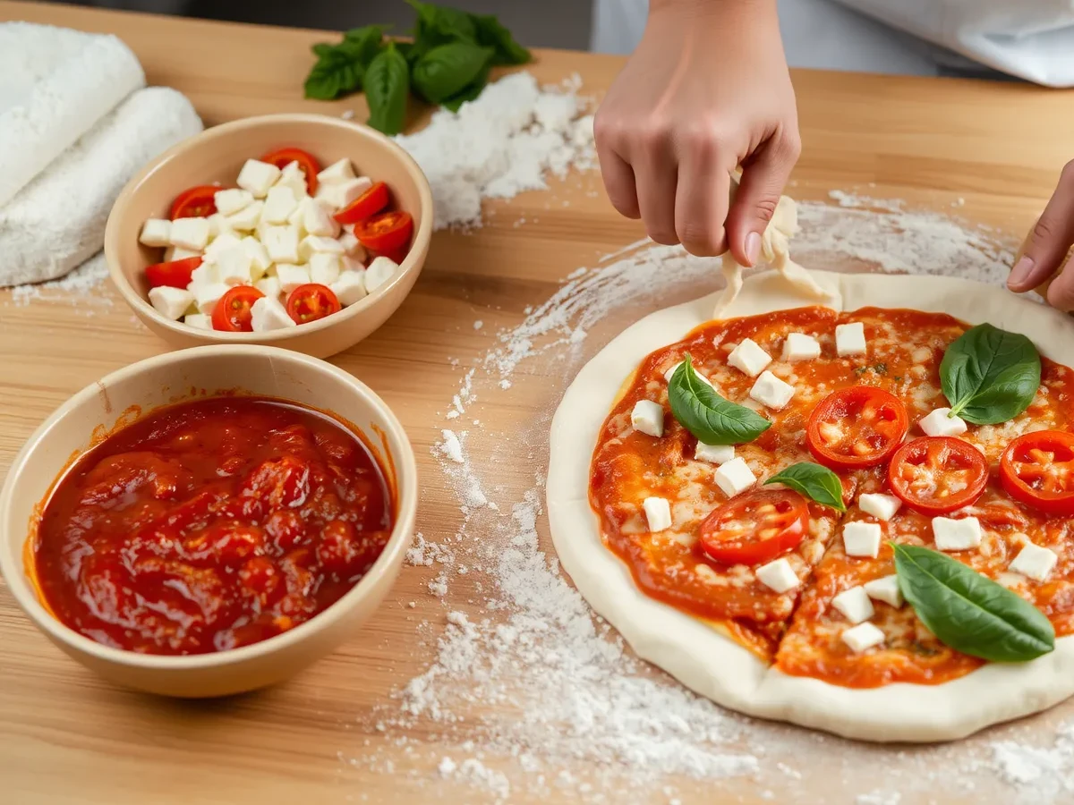 Rolling out pizza dough for a pizza pie, with toppings and sauce ready for assembly.