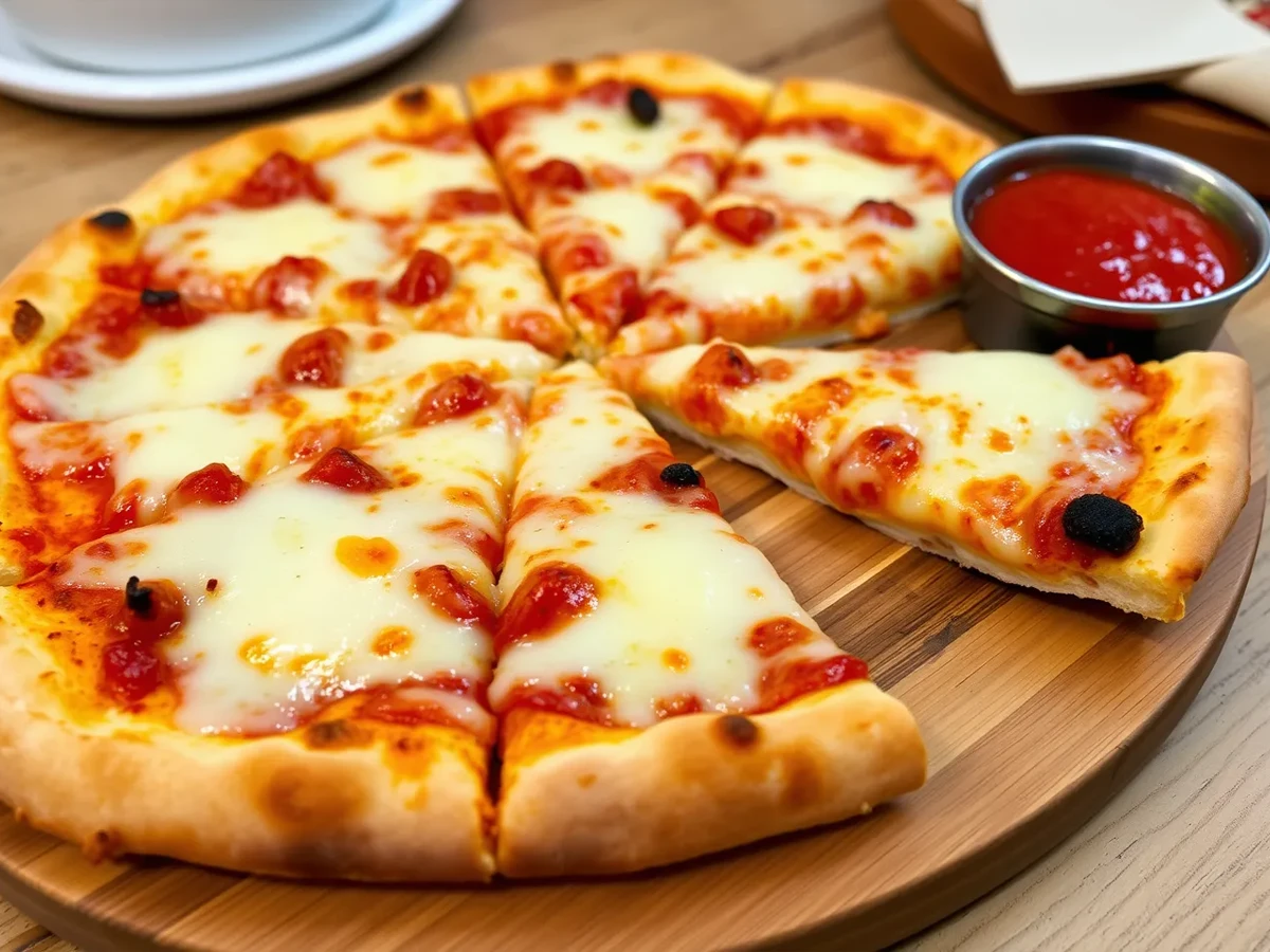 A beautifully sliced pizza pie served on a wooden board, with tomato sauce for dipping.