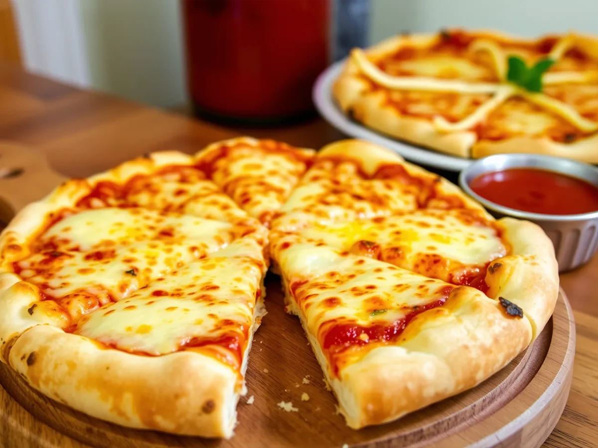 A beautifully sliced pizza pie served on a wooden board, with tomato sauce for dipping.