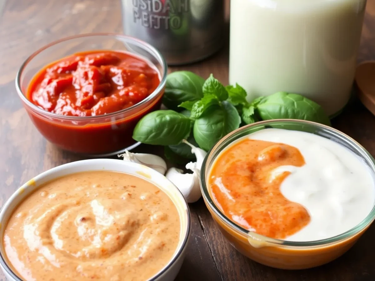 An assortment of pizza sauces: tomato sauce, pesto, and creamy white sauce, with fresh basil and garlic.