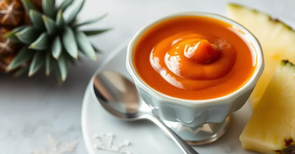 A small bowl of glossy Polynesian sauce with pineapple slices beside it, reflecting the sauce's rich orange-red color.