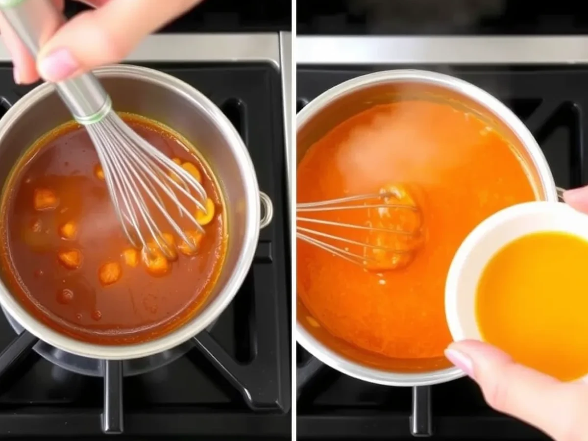 A saucepan with Polynesian sauce being whisked, showing the preparation process with cornstarch slurry on the side.