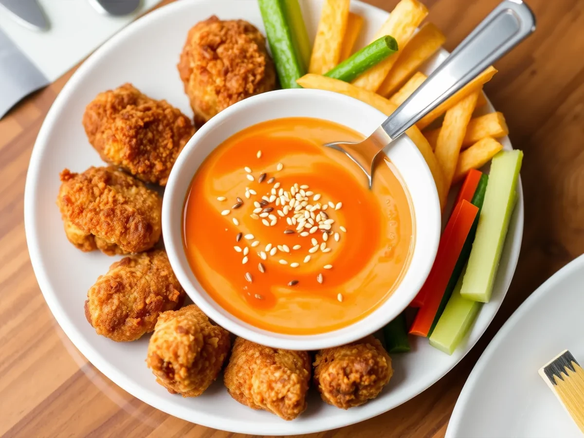 Polynesian sauce served with chicken nuggets, fries, and vegetable sticks on a beautifully arranged plate.