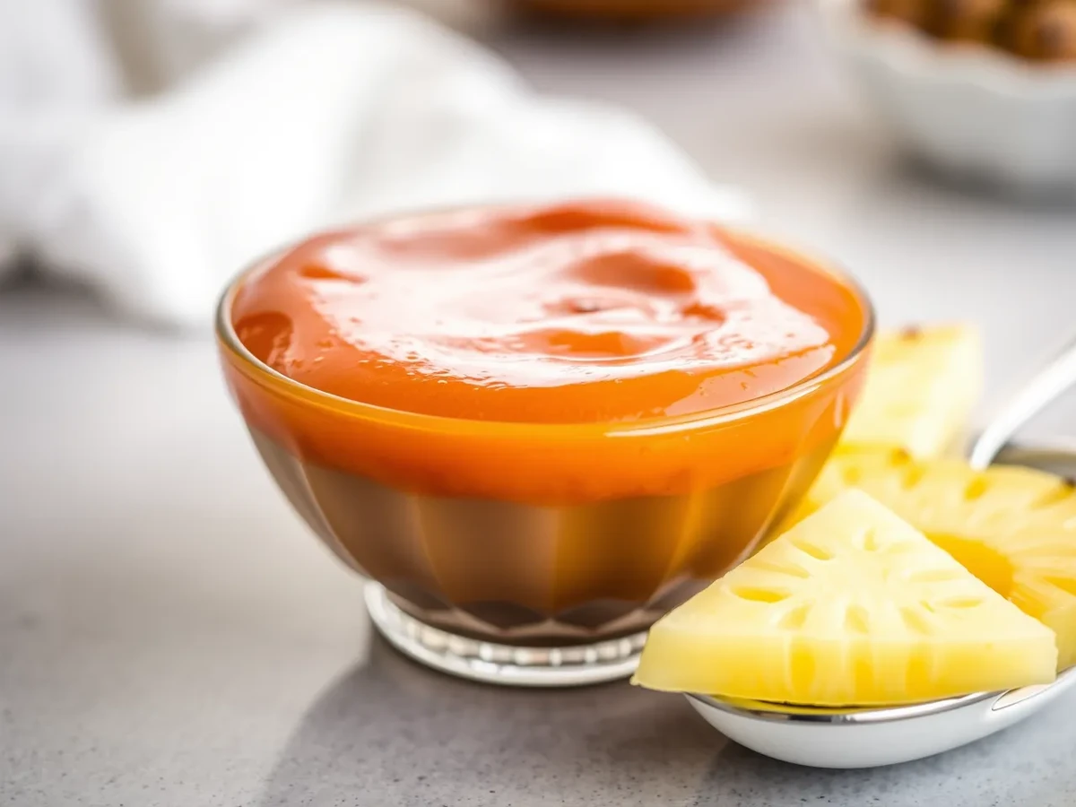 A small bowl of glossy Polynesian sauce with pineapple slices beside it, reflecting the sauce's rich orange-red color.