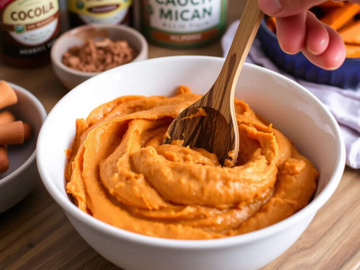 Mashing the sweet potatoes to create a smooth, creamy base for these healthy brownies.