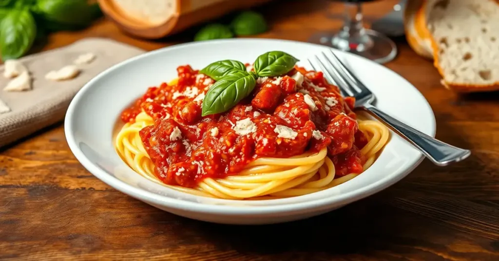 A bowl of radiatore pasta topped with marinara sauce, fresh basil, and Parmesan cheese, served on a wooden table with bread and wine.